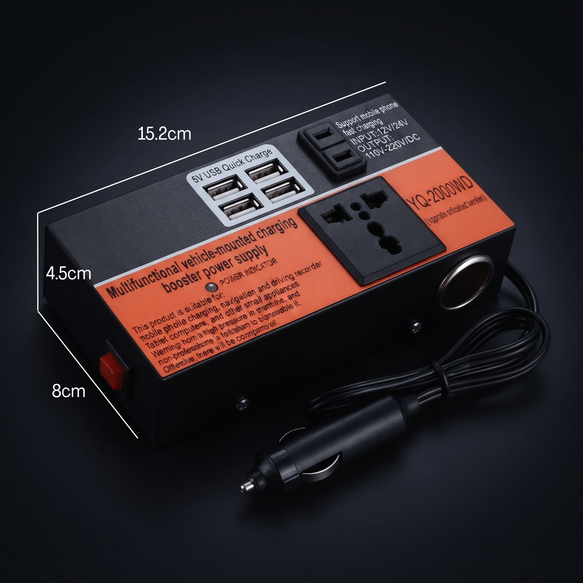 Inversor de Corriente para Auto 1500W — Convertidor 12V/24V a 220V con 4 Puertos USB — foto 3